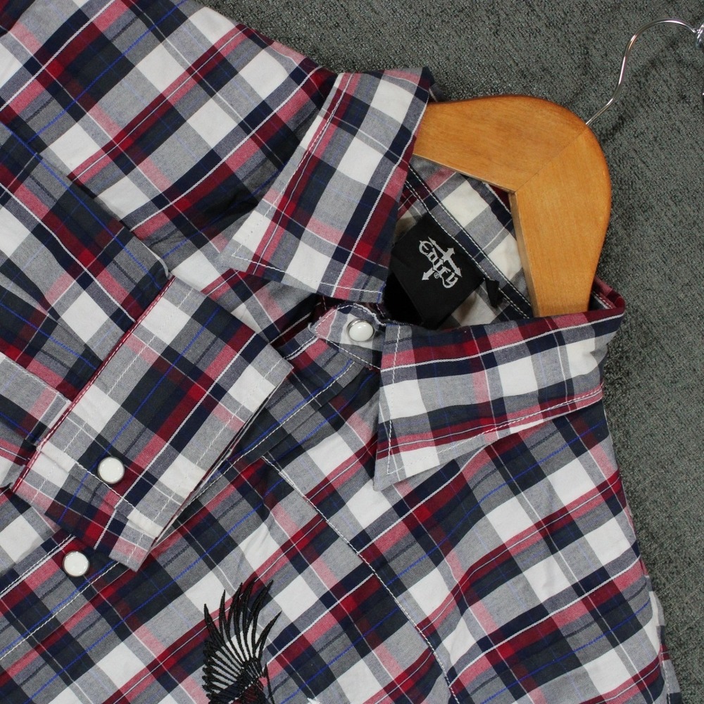 Edify Mens Plaid Button Down Shirt Red White Blue Eagle Freedom Embroidery M